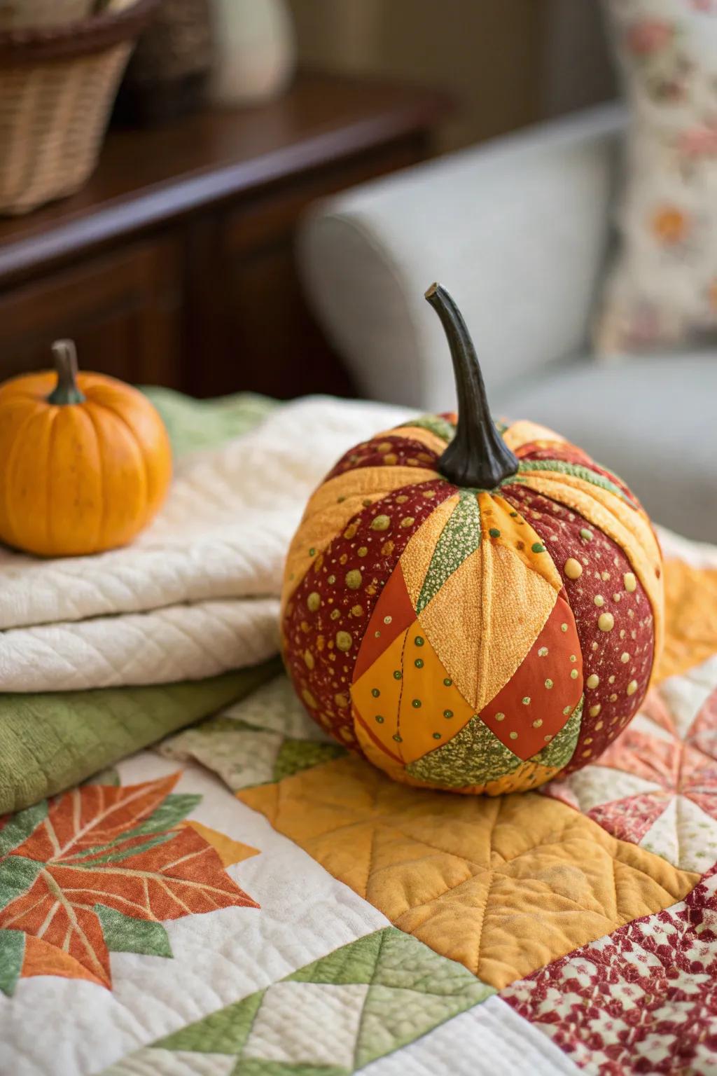 Patchwork pumpkins bring a quilt-like charm to autumn.