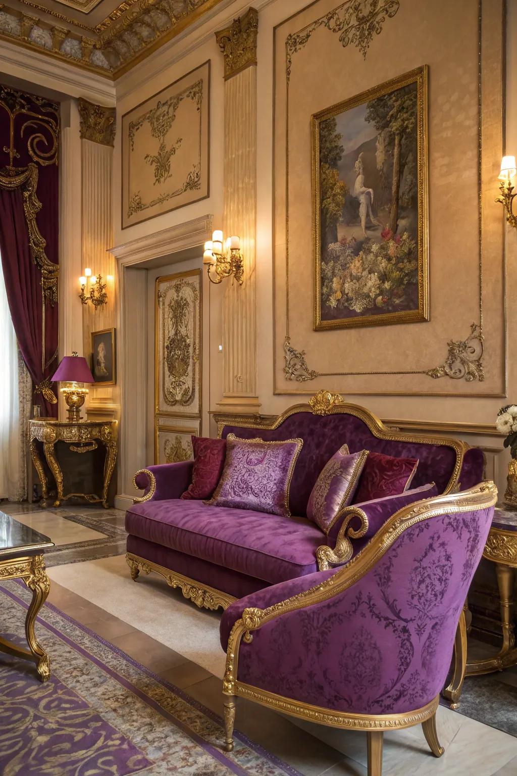 Silk and velvet textures in purple and gold introduce depth and lavishness.