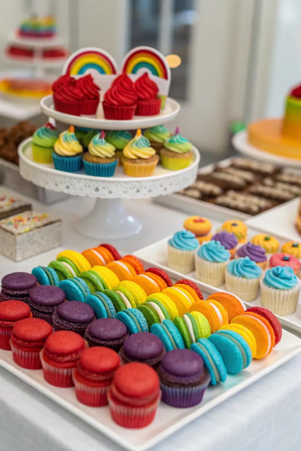 A tempting spectrum-themed sweet presentation replete with vibrant treats.