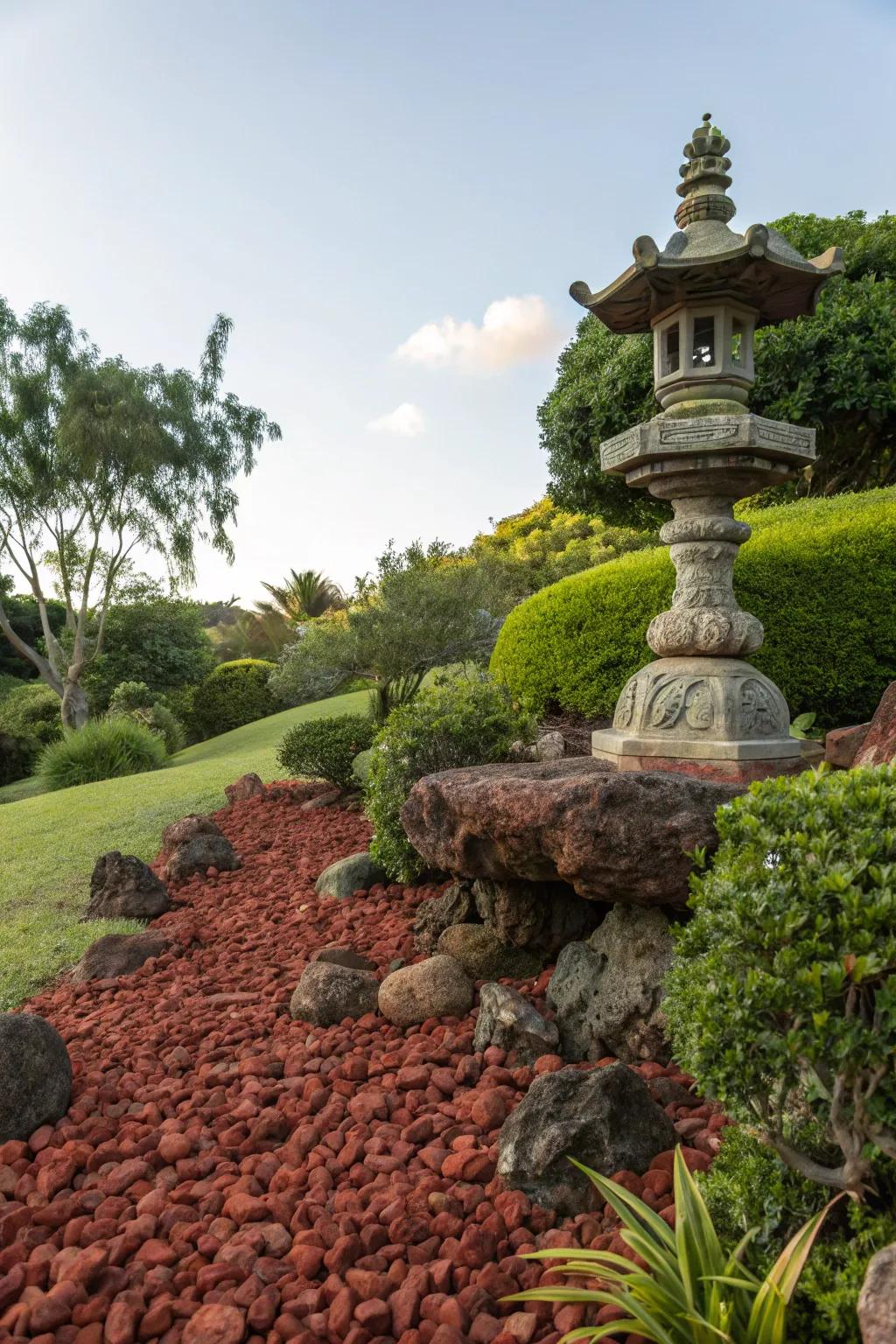 A sculpture positioned upon scarlet igneous stones transforms into a standout attribute within this garden.