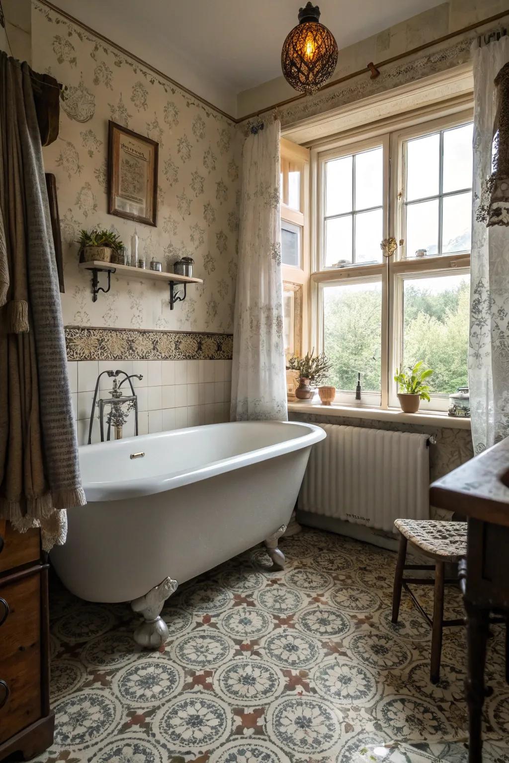 A clawfoot tub overlooking scenery offers a luxurious, light-filled bathing experience.