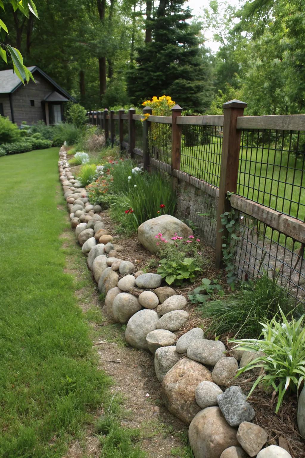 River rocks soften and enhance this garden's fence line, adding natural beauty.