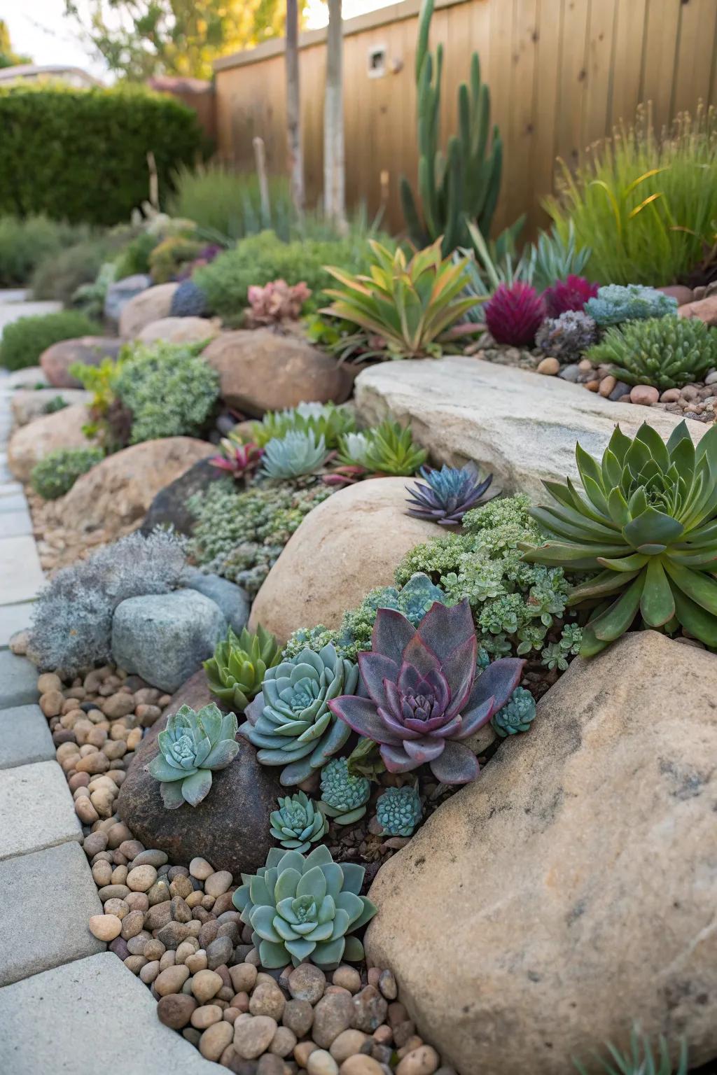 Create a vibrant garden using stones and drought-tolerant plants.