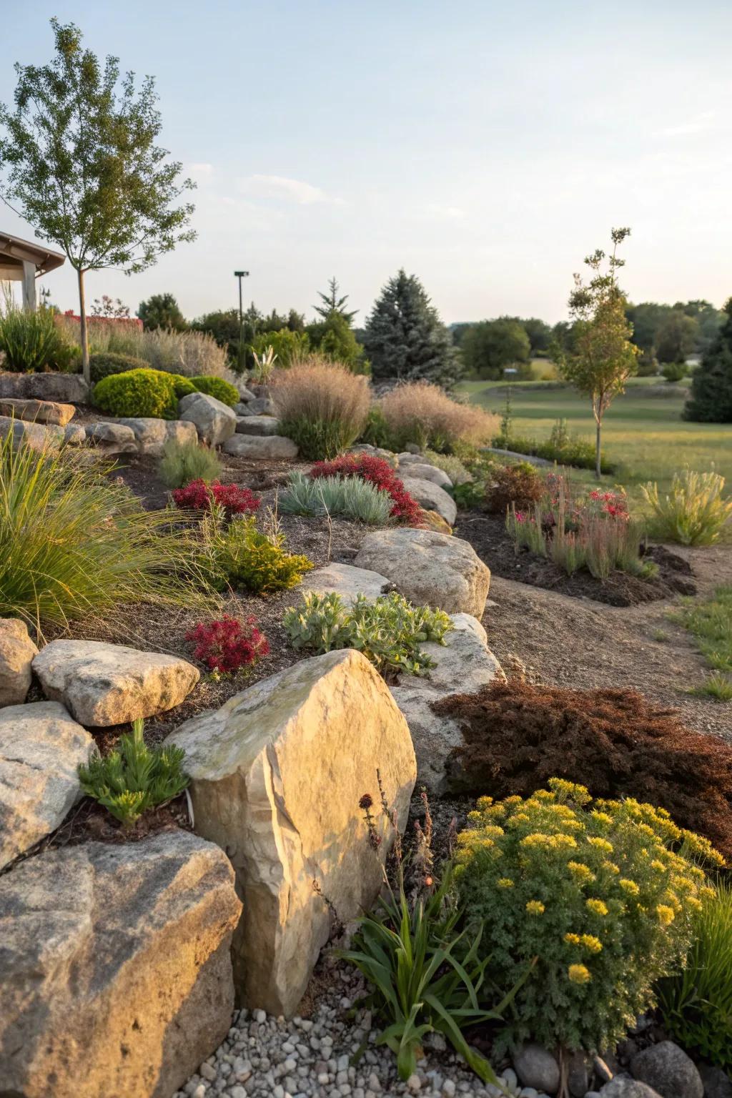 Eco-friendly stone landscaping lowering water use and maintenance in the garden.