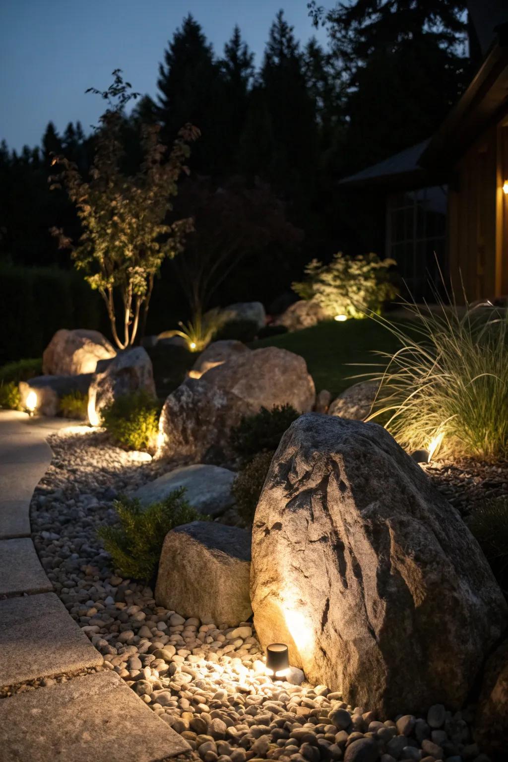 Clever lighting spotlights the allure of a rock garden at night.