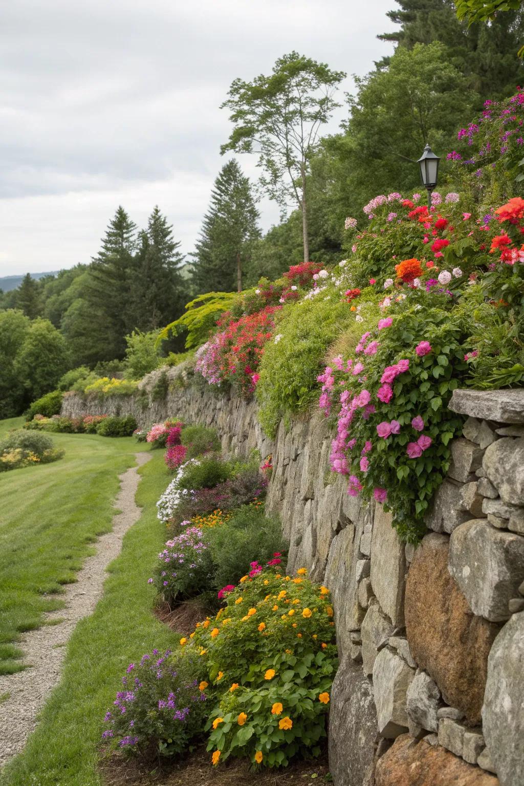 Colorful flora infuses vibrant accents to stone walls.