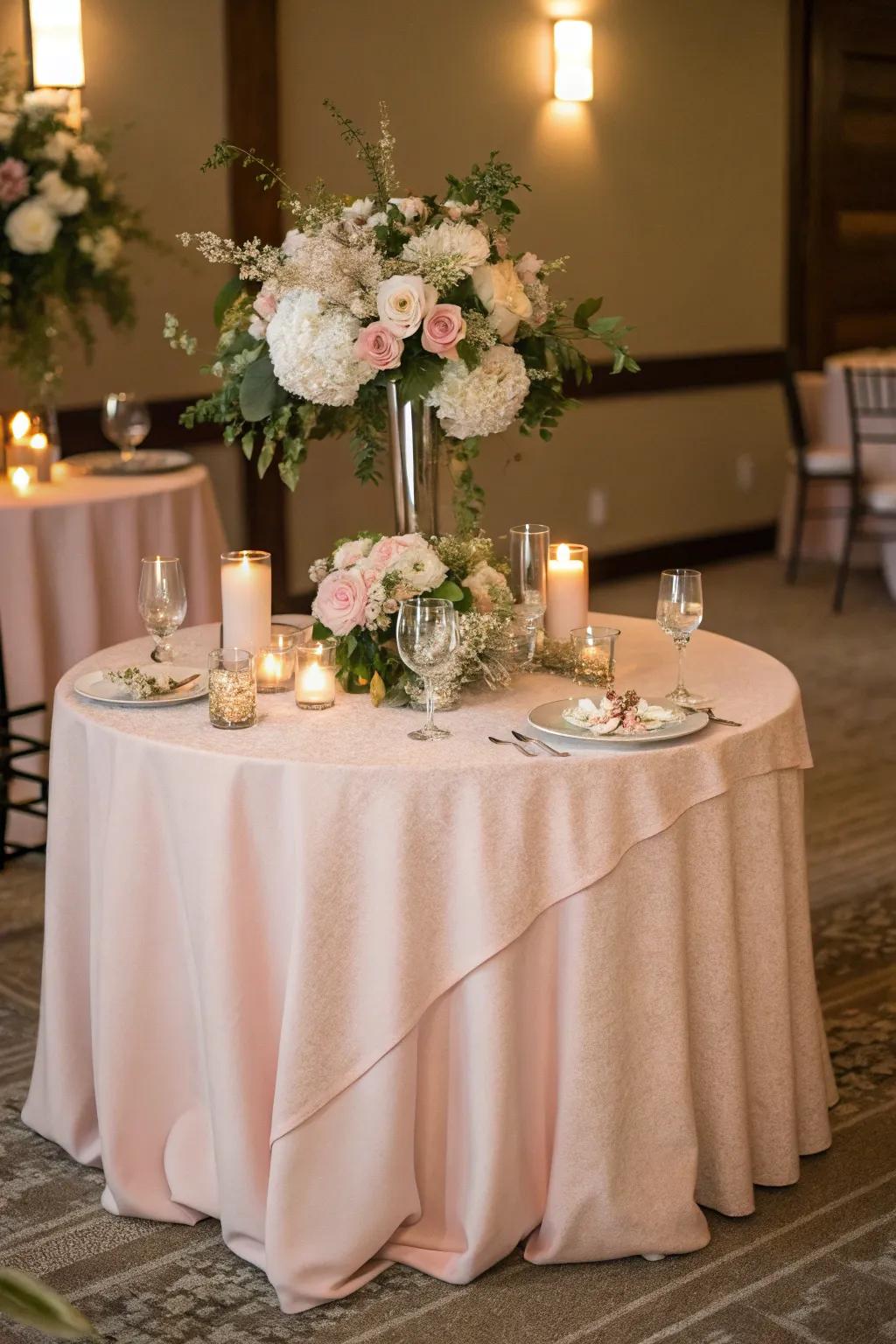 Soft rose table covering for a romantic wedding atmosphere.