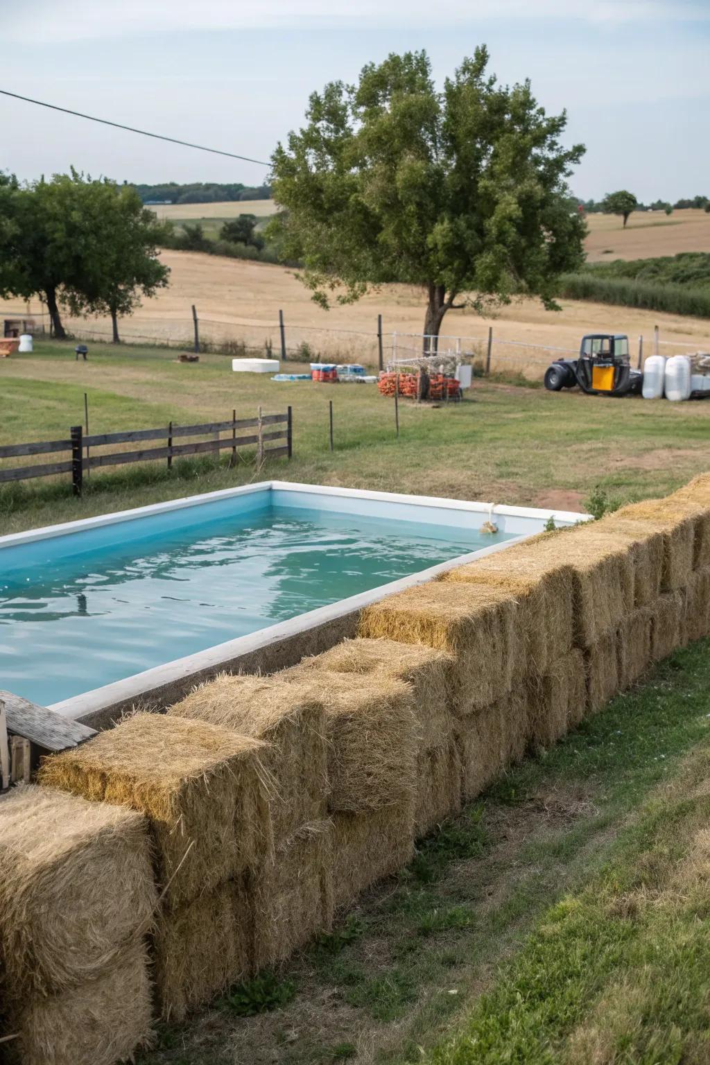 Hay bales creating a temporary, rustic farm-style pool fence.