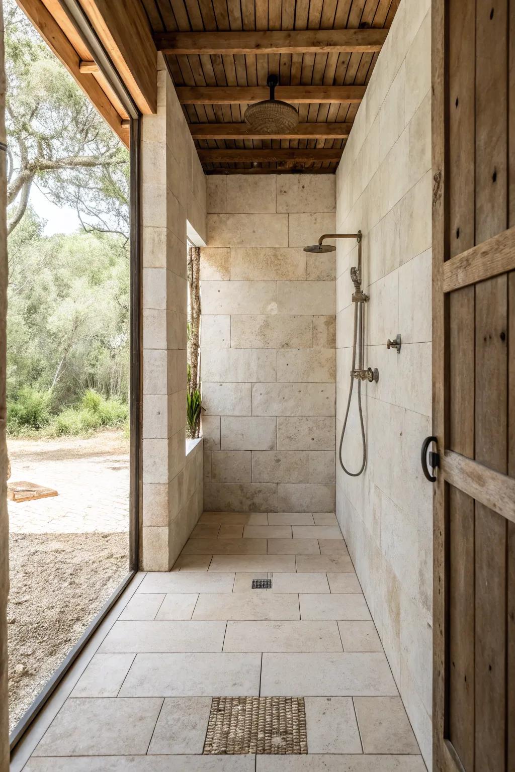 A shower equipped with expansive format tiles that offer a seamless, open manifestation.