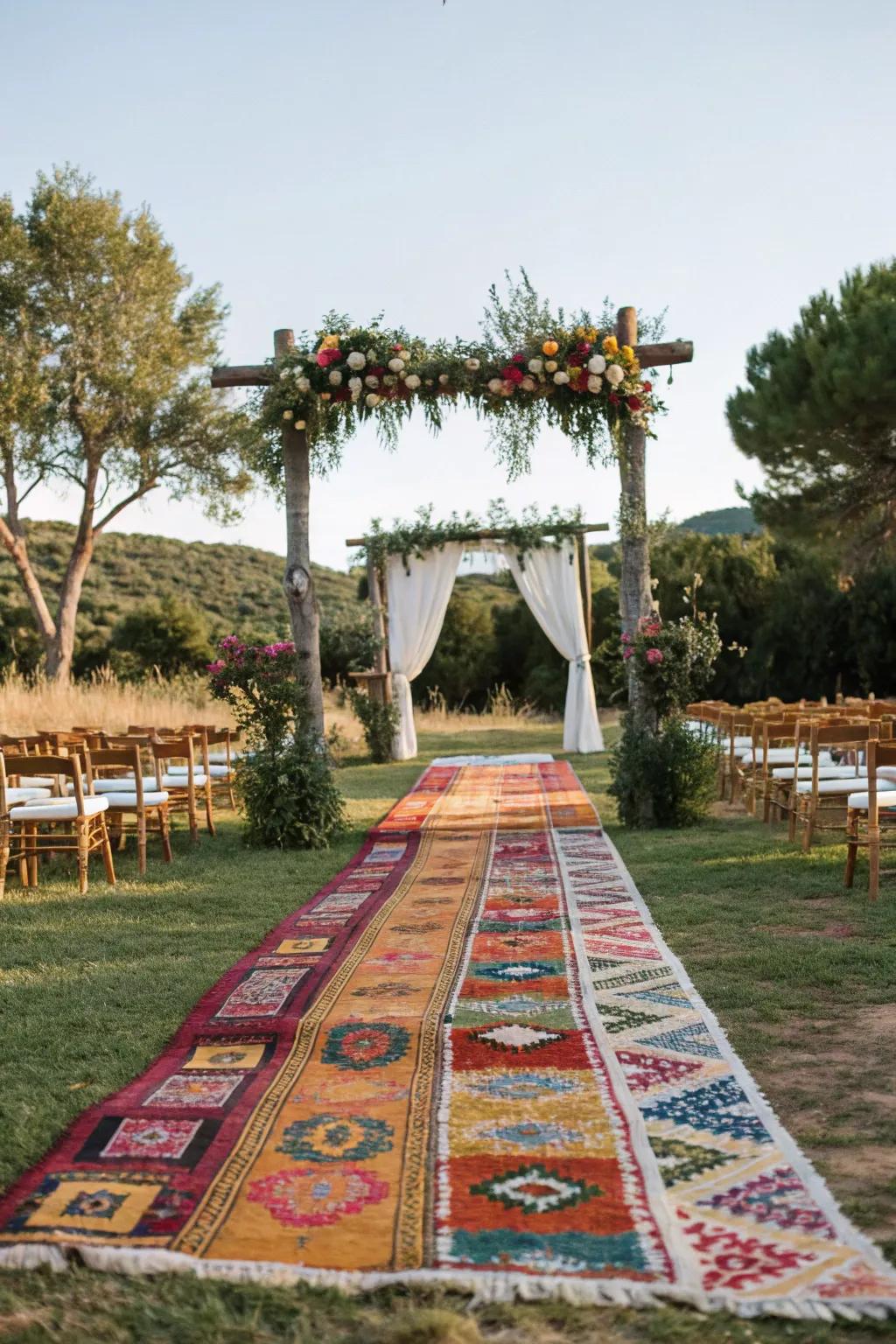 A path of eclectic floor coverings leading to a countryside arch, incorporating color and texture.