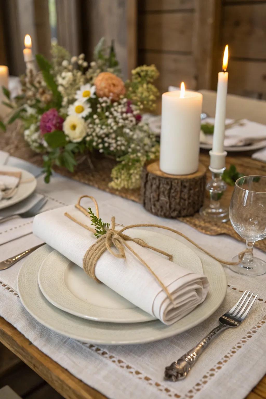 Twine and ribbon details contributing charm to the table setting.