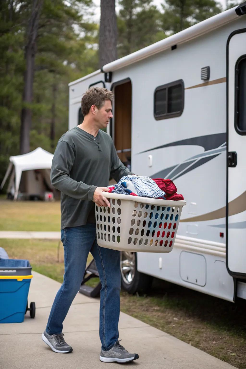 A portable basket designed for easy transport on laundry day.