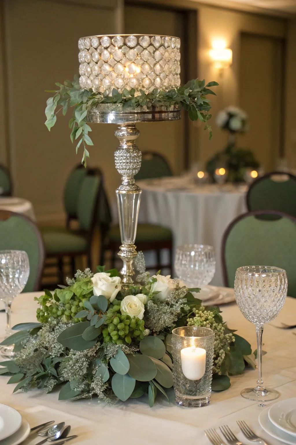 Crystal and sage green craft a luxurious and sparkling centerpiece.