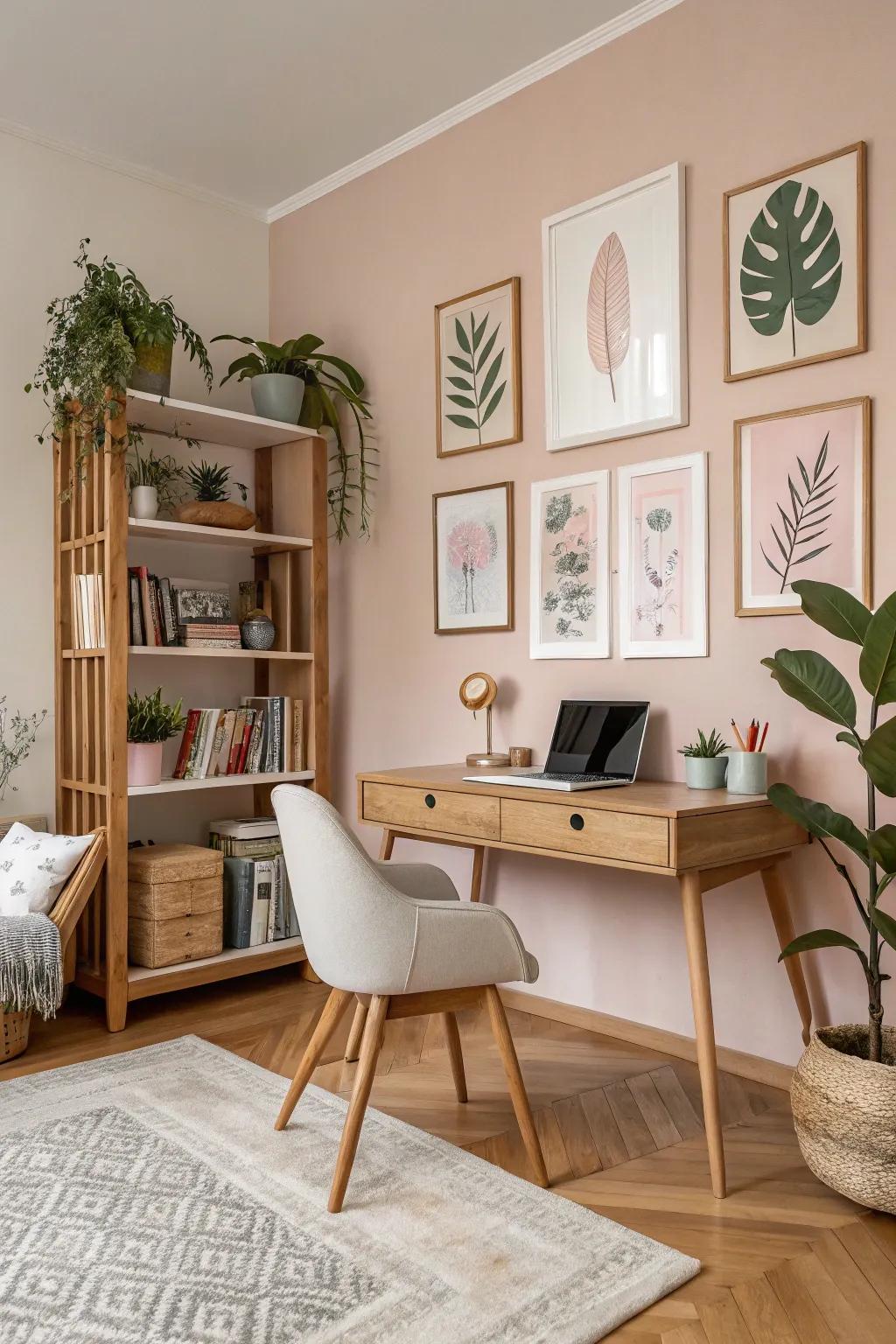A study with soft-color art pieces and Scandinavian decor