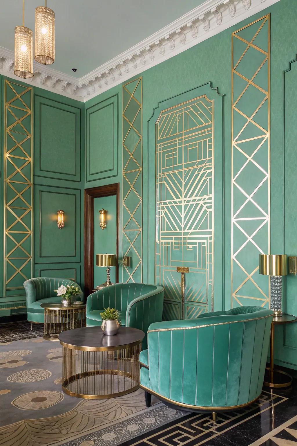 An Art Deco inspired room featuring elegant seafoam green walls.