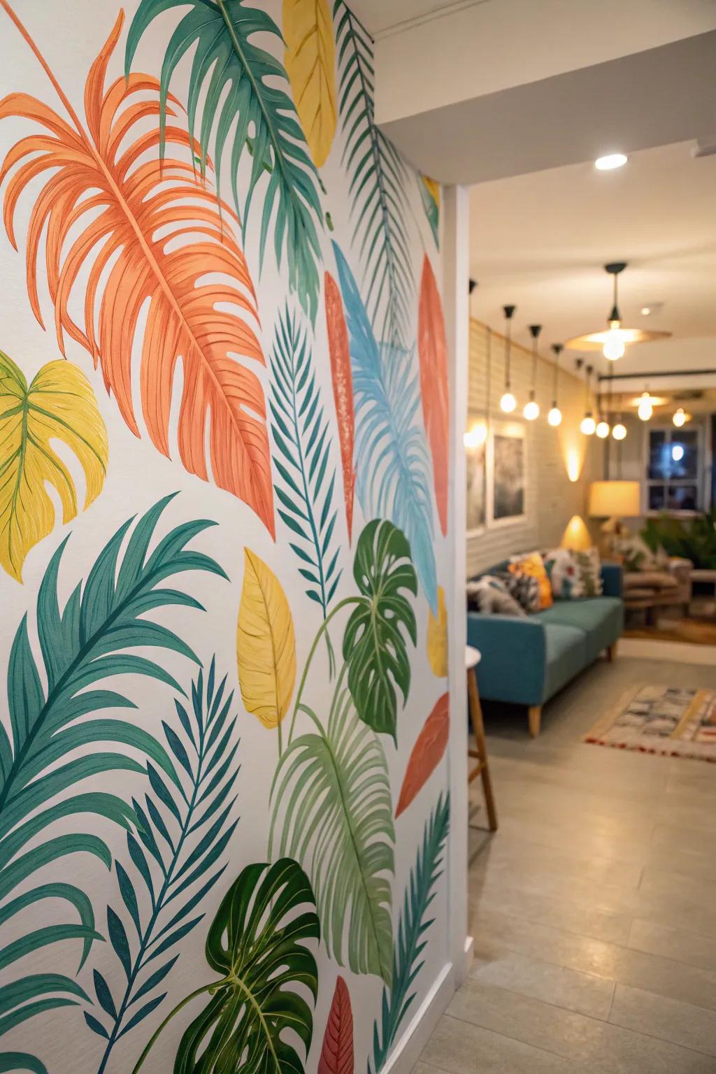 A exotic theme wall brings the beach to your selfies.