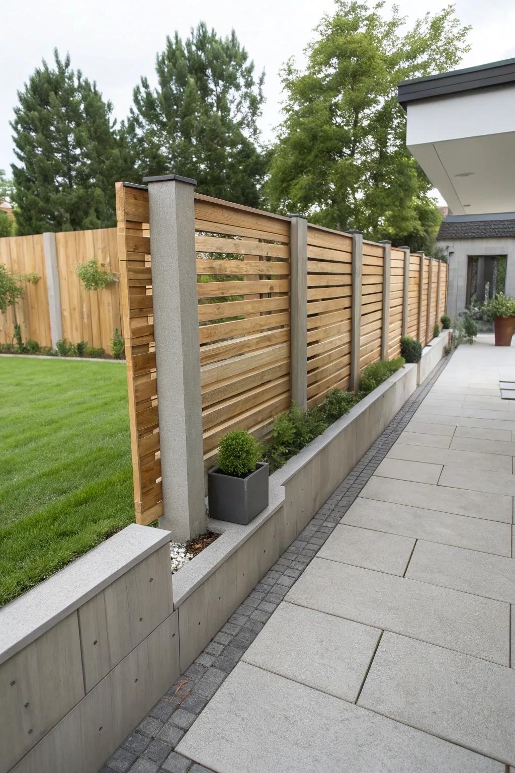 Concrete and timber slats combine for a refined, resilient fence in this urban garden setting.