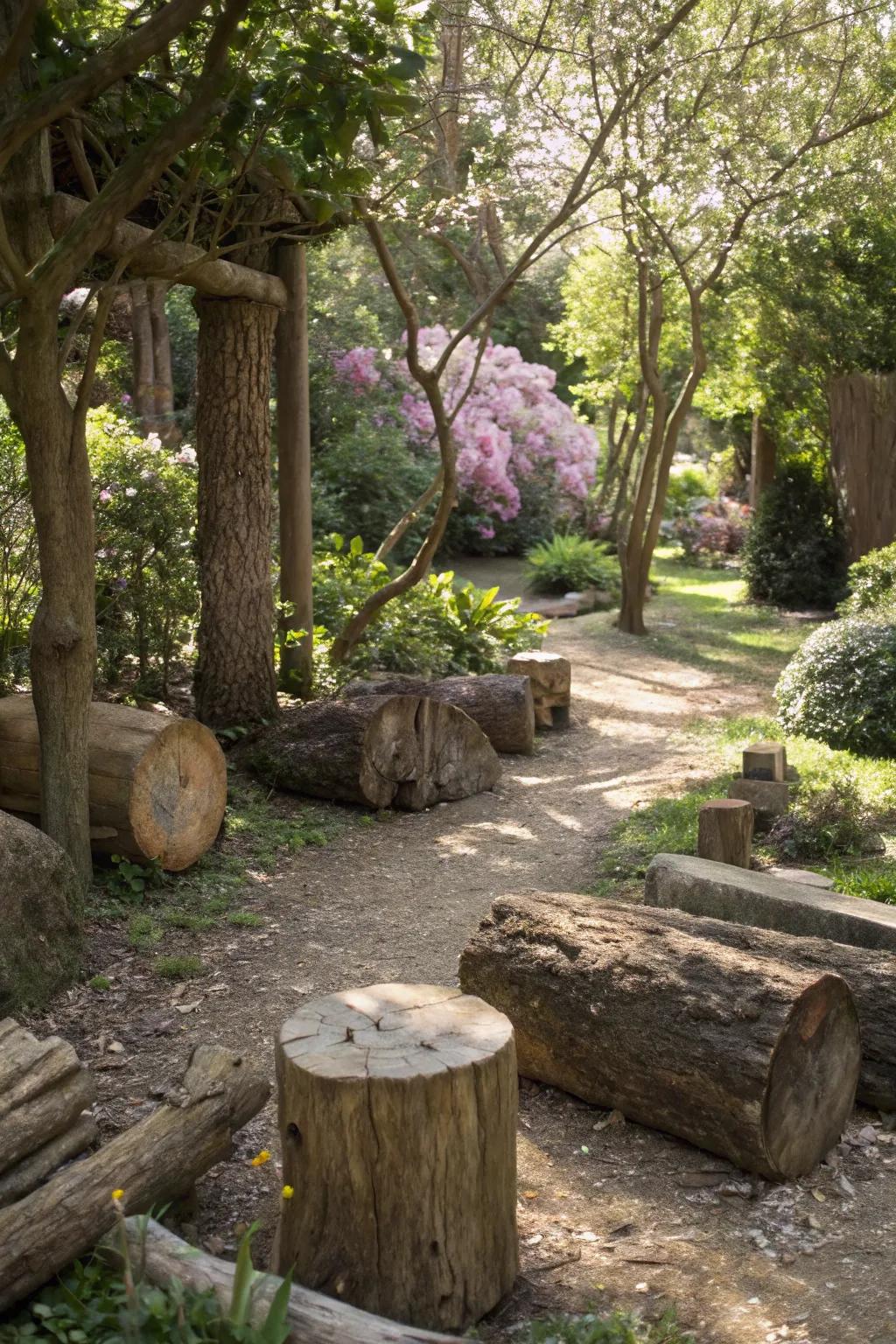 Rustic timber components heightening a shaded garden.