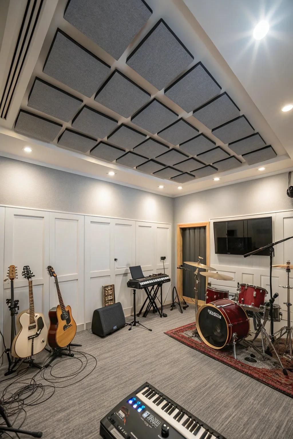 Practical sound-dampening sections situated within a fashionable music room.