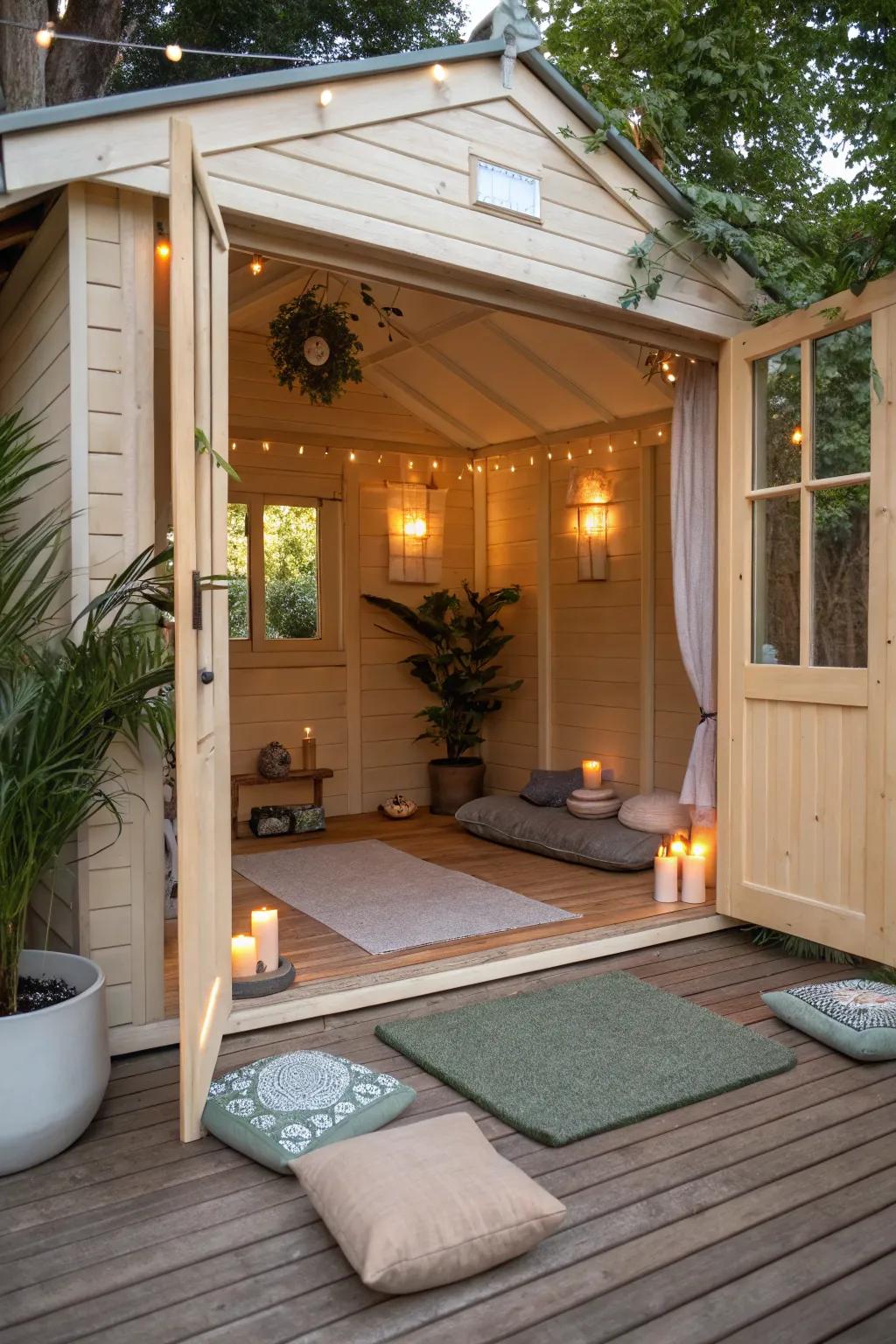An outdoor shed transformed into a serene meditation spot.