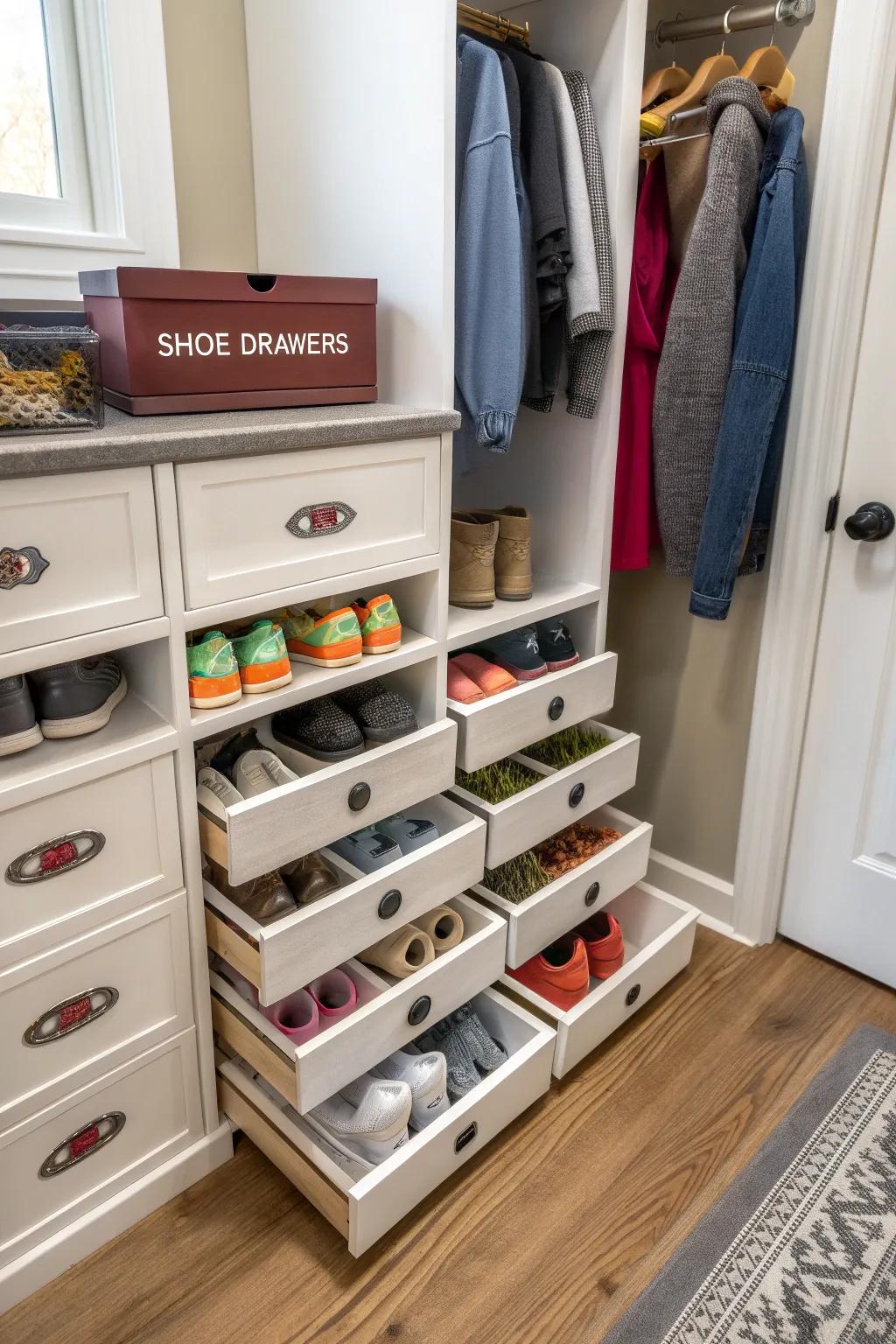 Personalized shoe drawers offer organized storage.