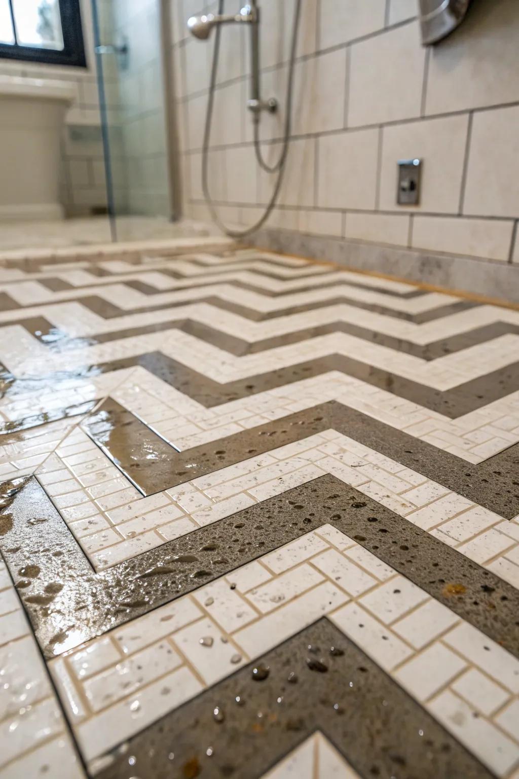 Chevron patterns create a dynamic and stylish shower floor.