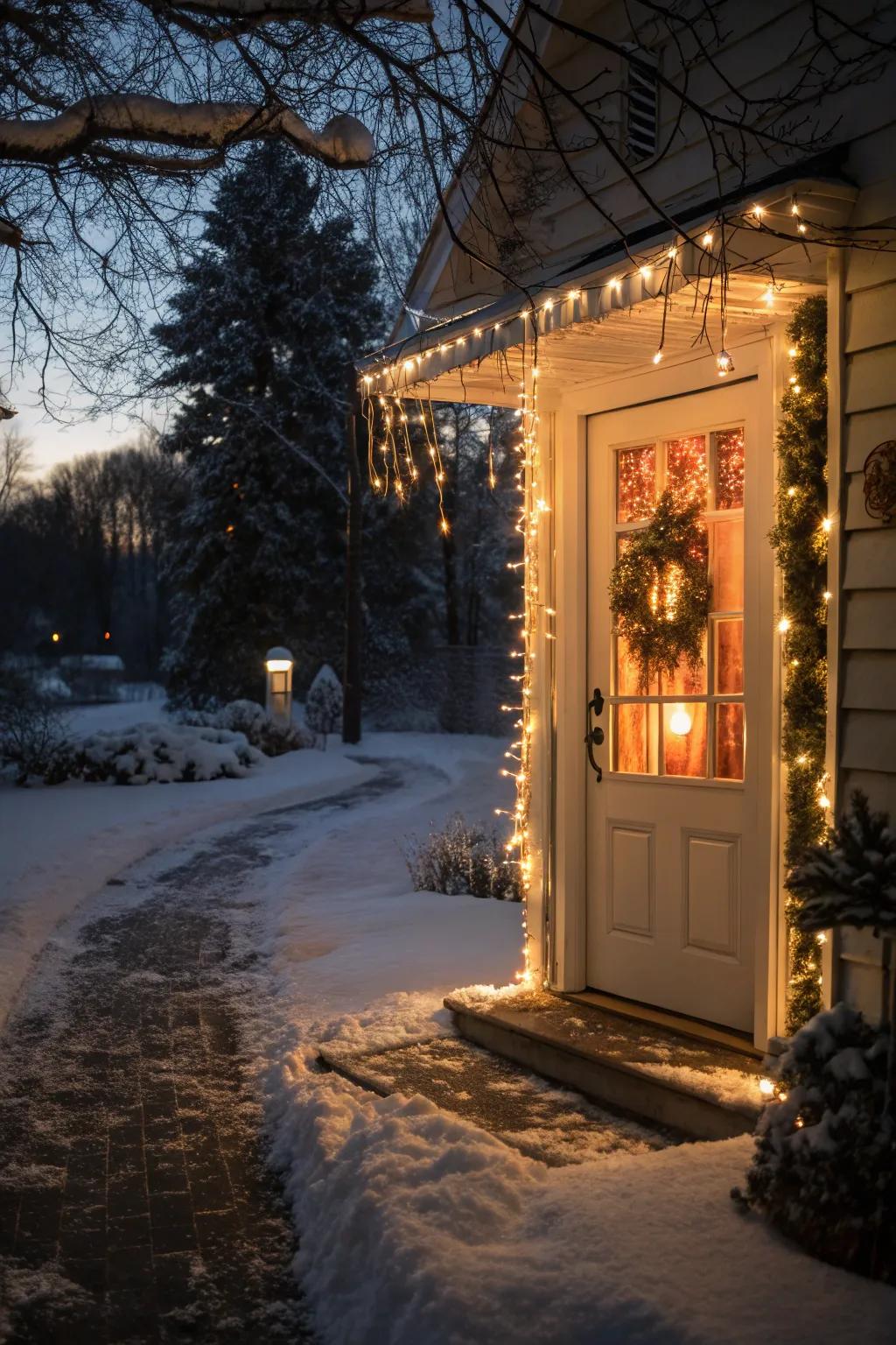 Ice lights create a dazzling, wintery entrance.