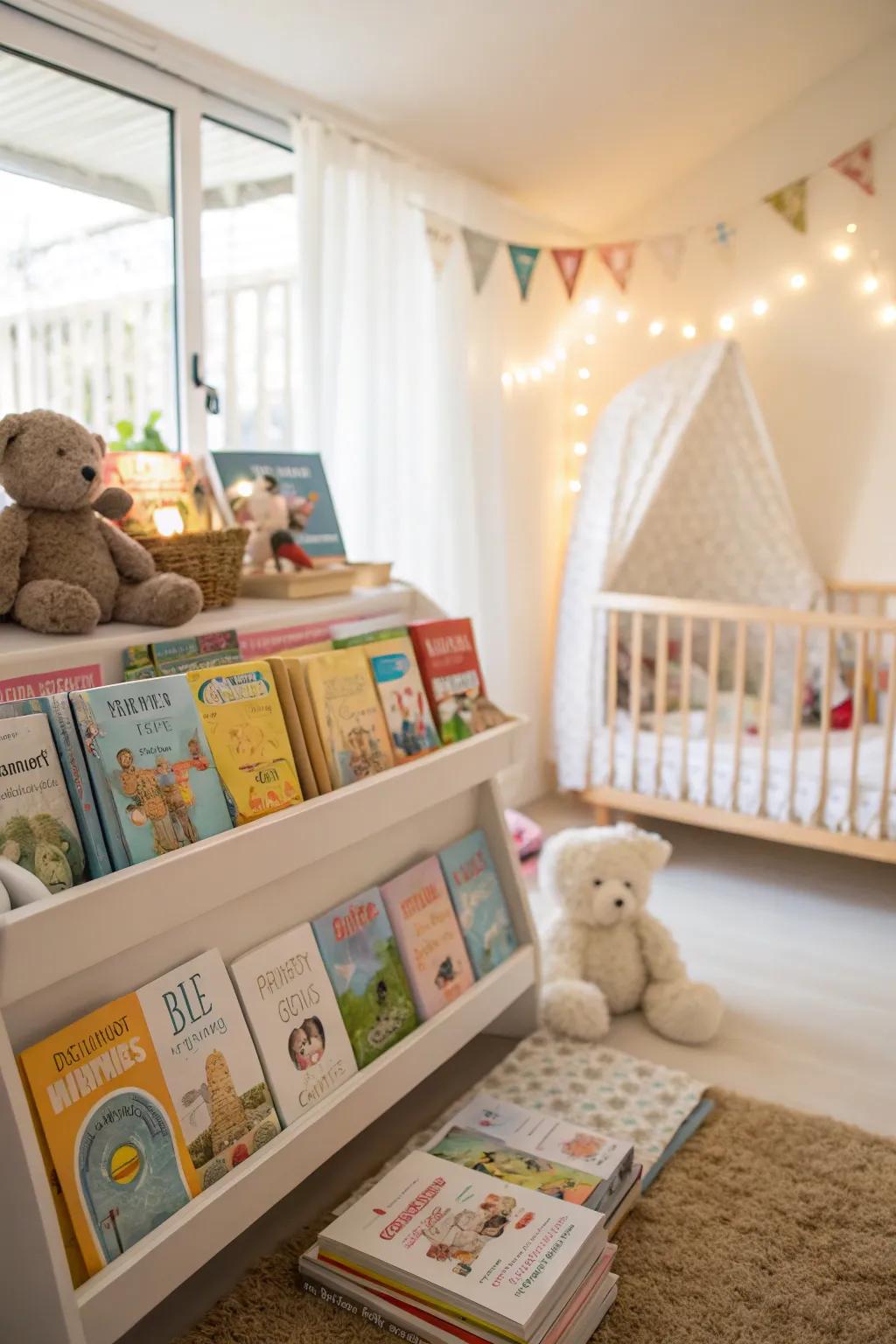Books serve as decor and educational tools in the nursery.