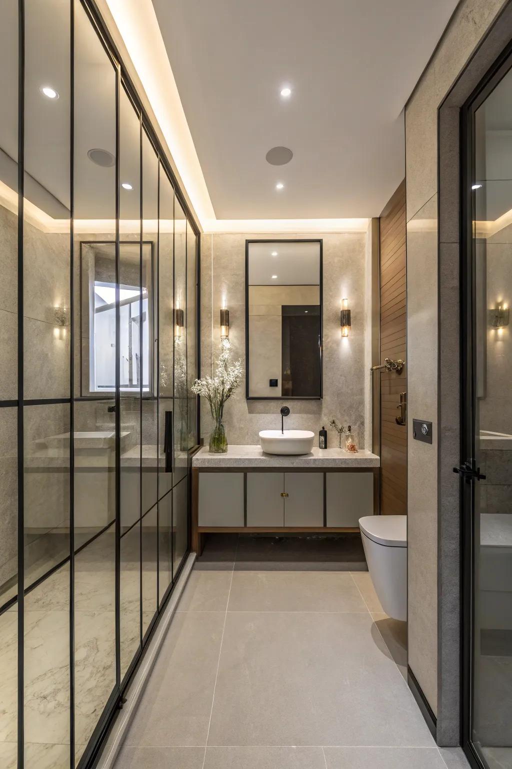 Glass boards adding style to a small bathroom.