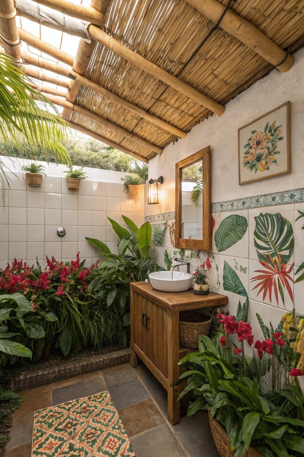 This small bathroom has tropical vibes from a bamboo ceiling.
