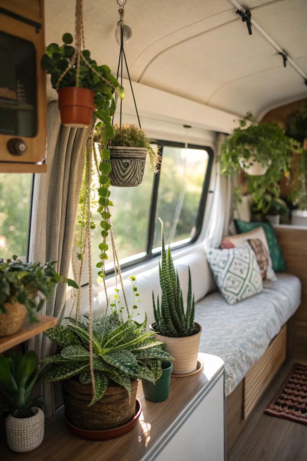 A camper is made more vibrant and natural by the presence of indoor plants.