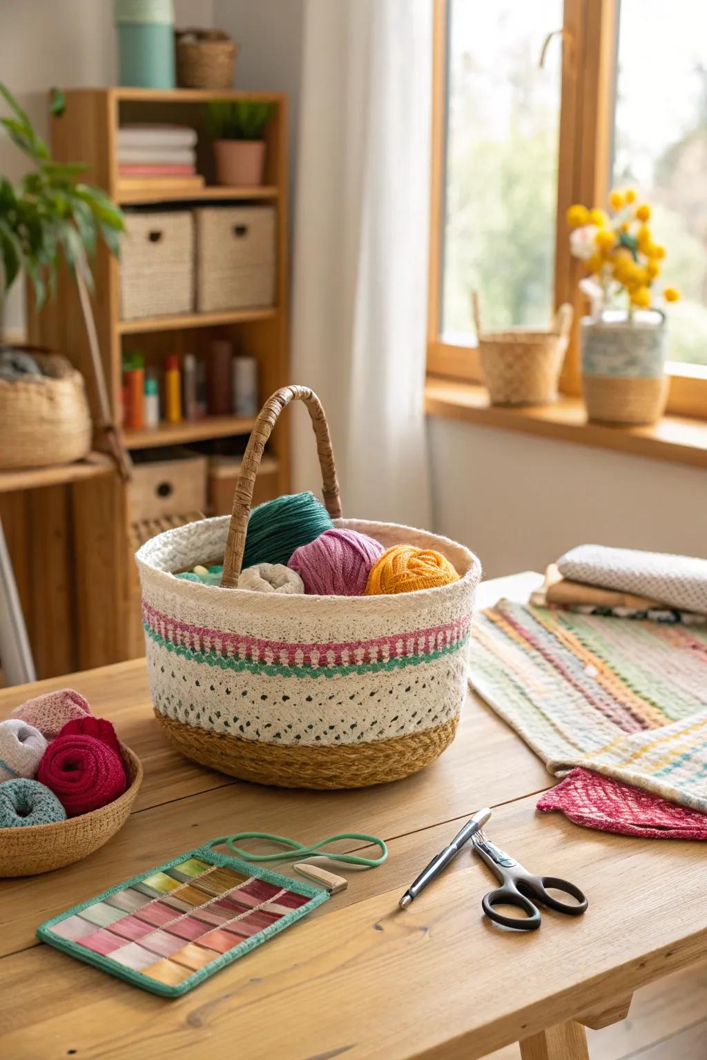 Temporary storage containers aid in arranging current projects, preventing workspace disarray.