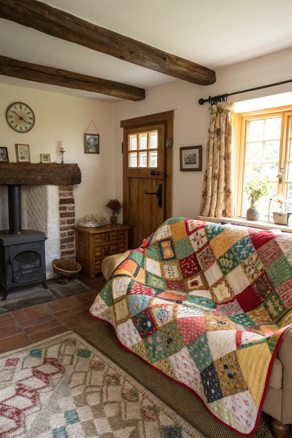 A patchwork quilt introduces a handmade touch to this cozy living space.