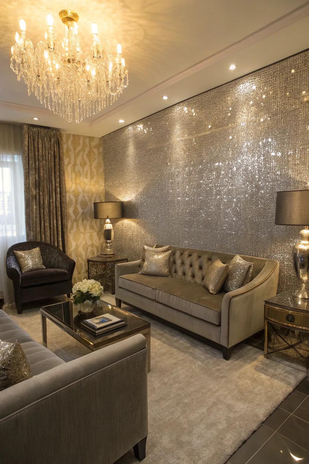 A compact living area featuring metallic details for a sparkly effect.