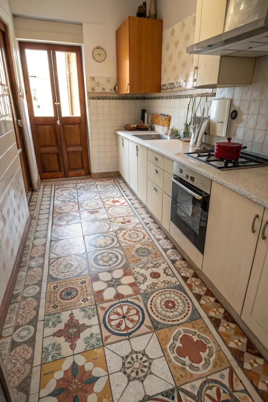 Mixing tile sizes generates playful complexity.