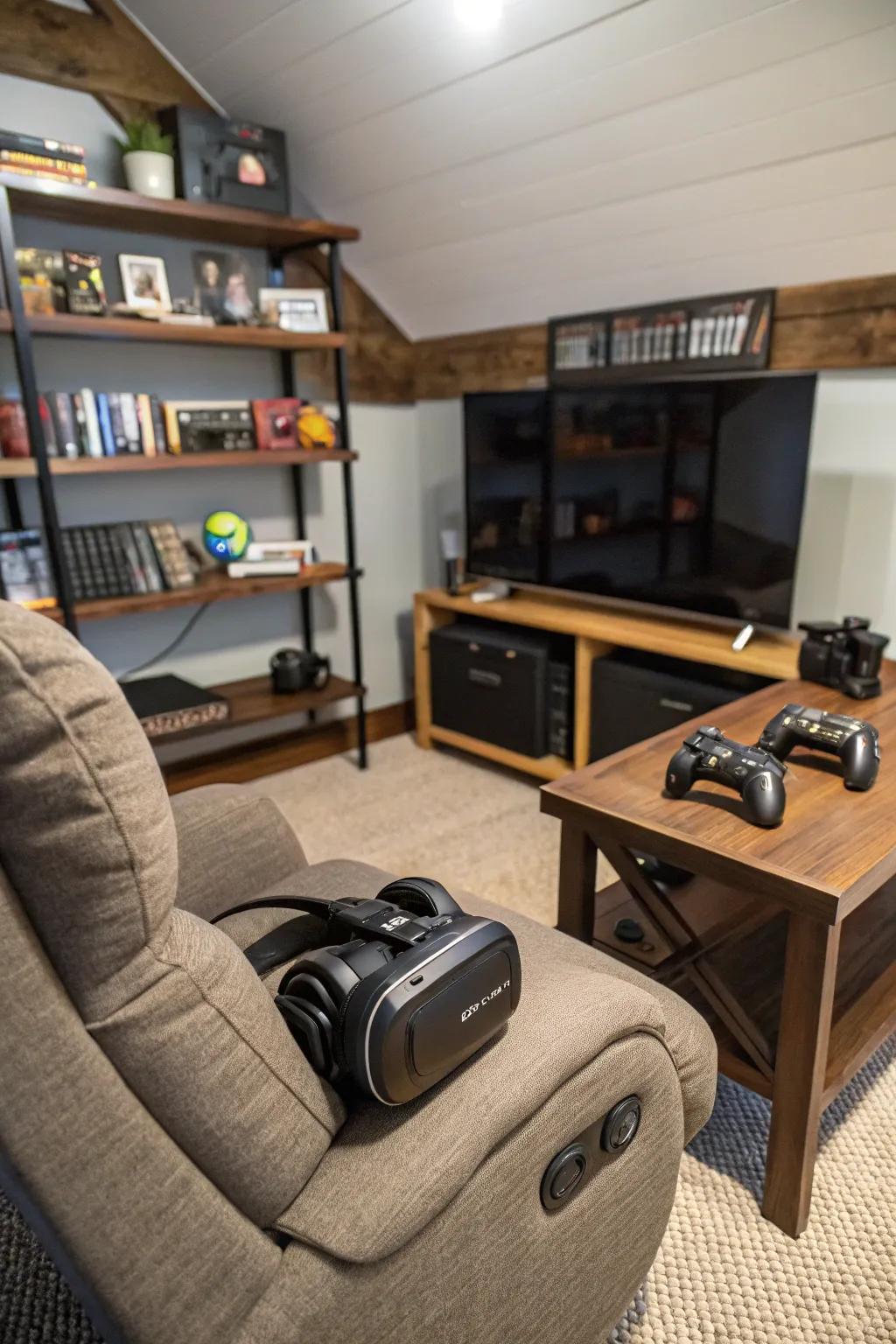 A virtual reality setup transforms the area into an immersive portal to other worlds.