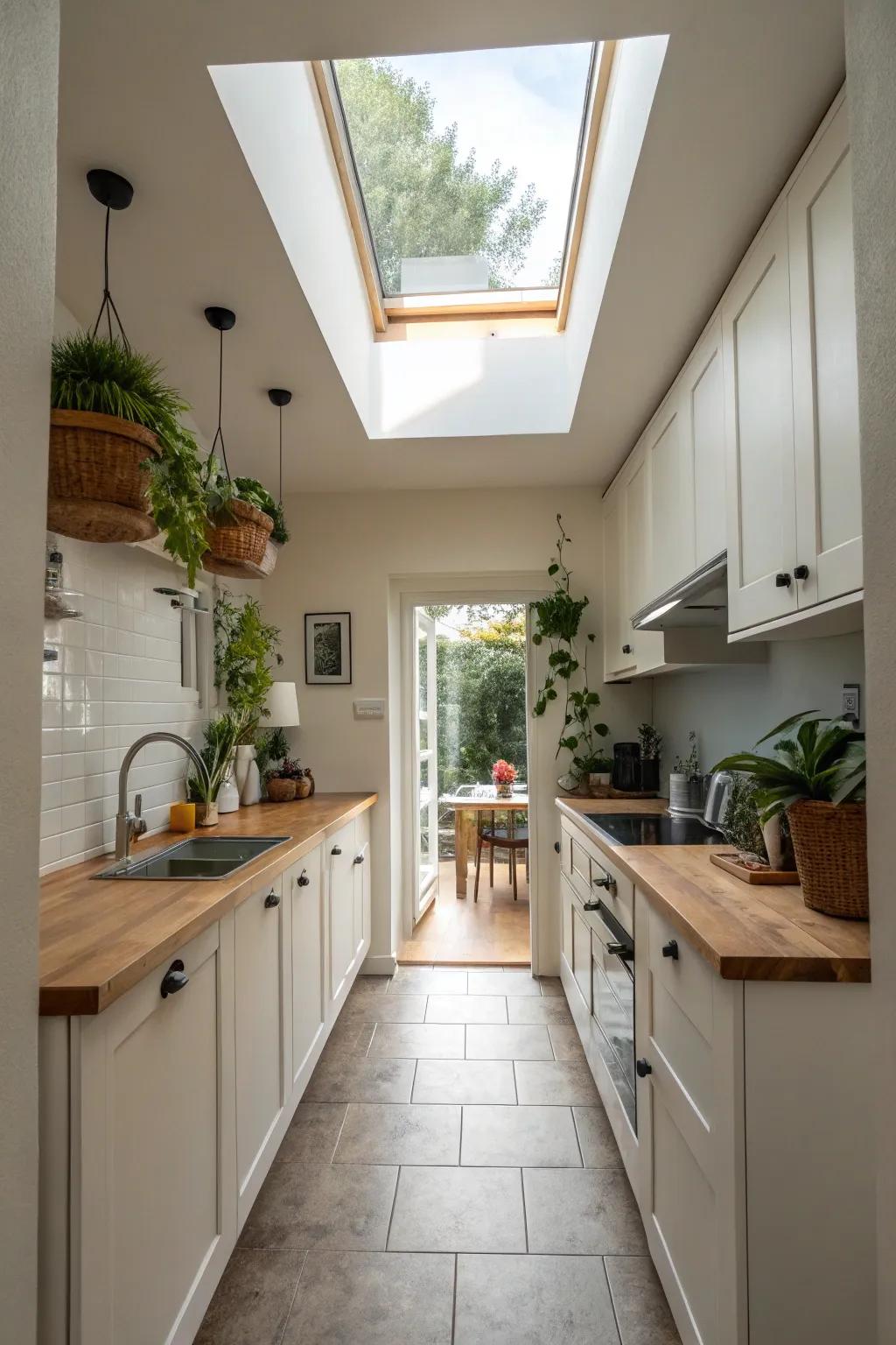 This kitchen gains an airy and bright atmosphere from a skylight.