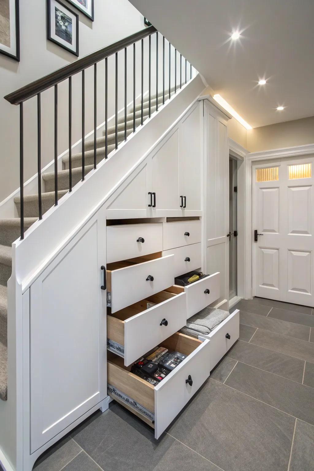 Creative storage solutions underneath the stairs, offering ample space.