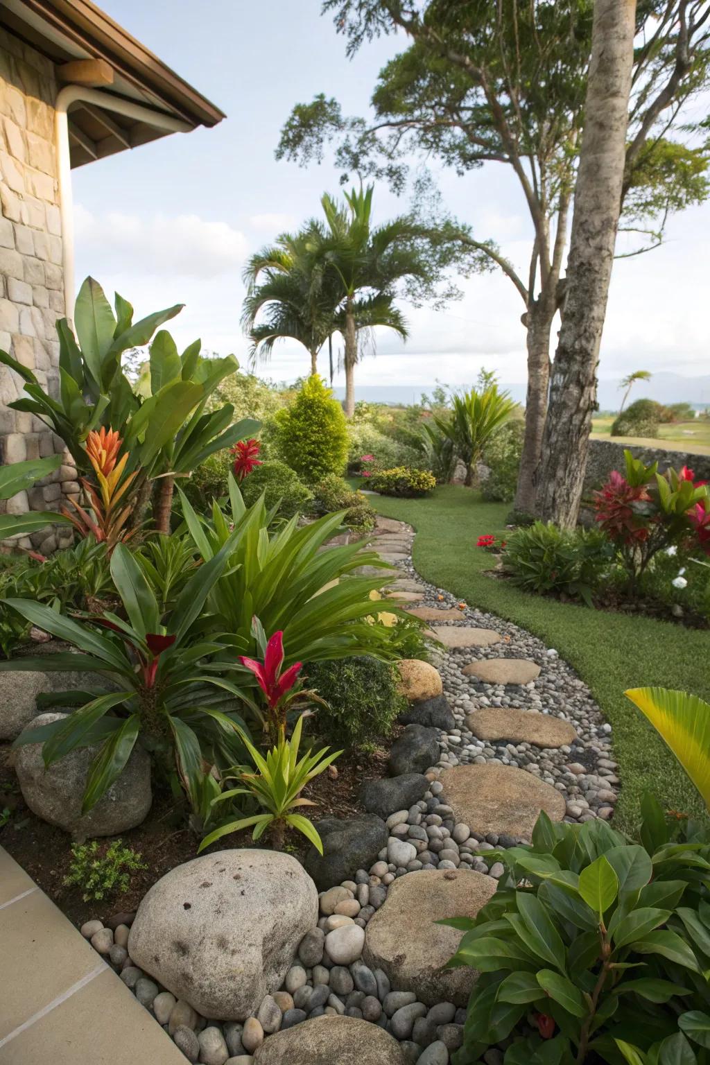 The lush tropical scenery is grounded by natural stones.