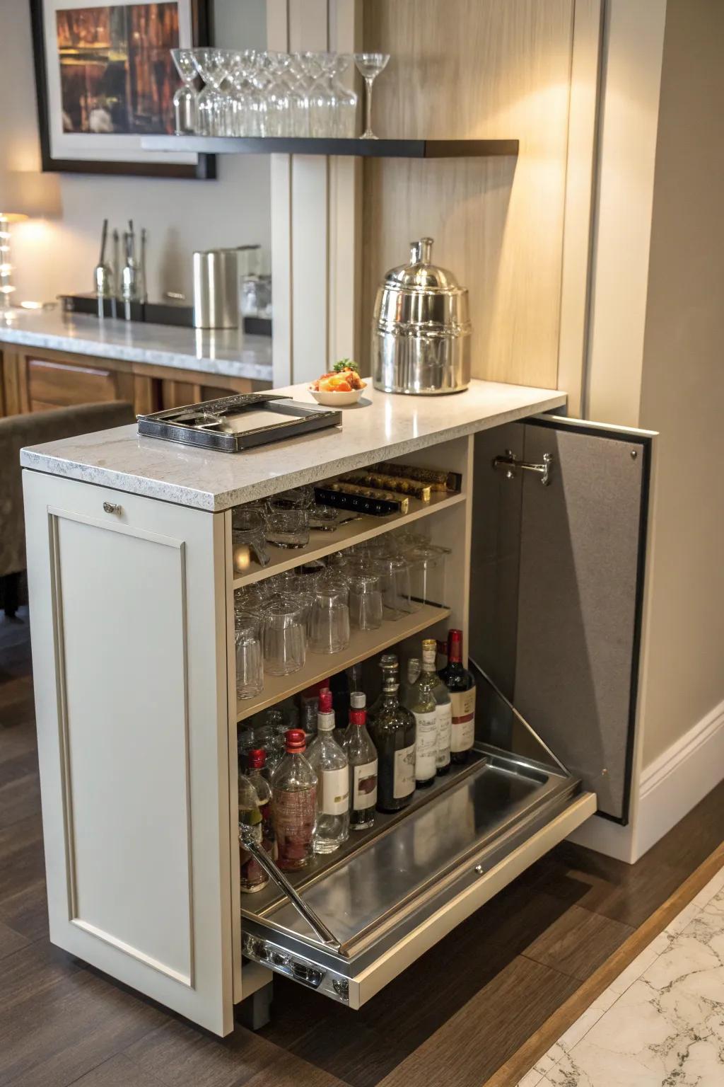 A foldable drop-down countertop optimizing space in a small wet bar.