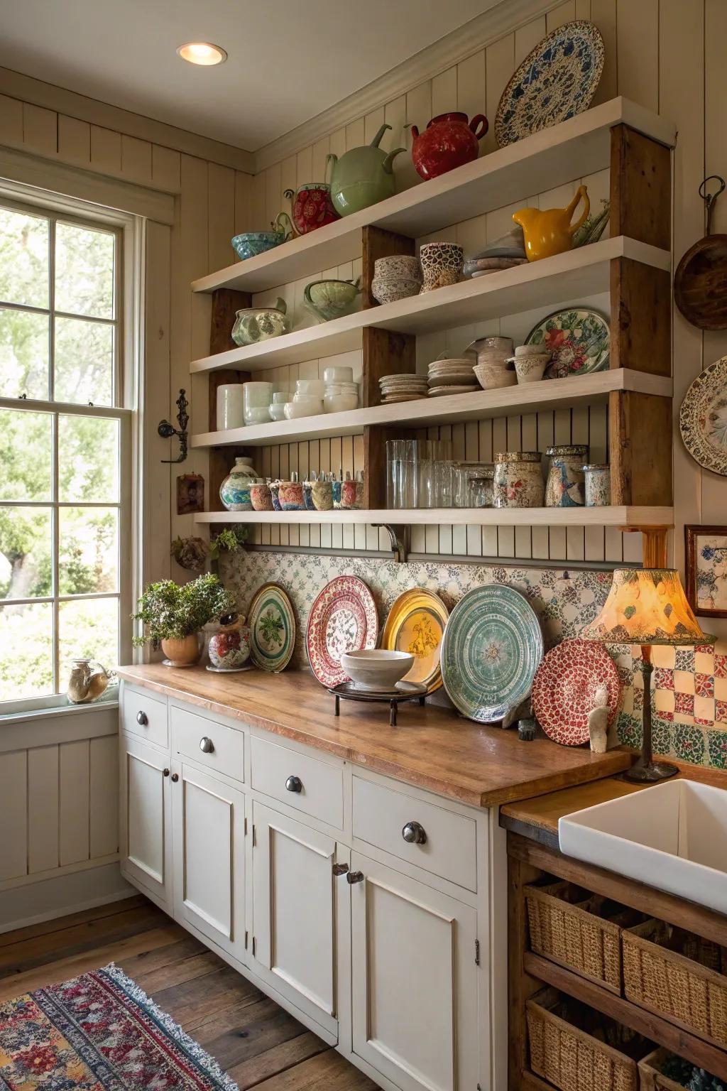 Display shelving that showcases collectibles in a Southern kitchen.
