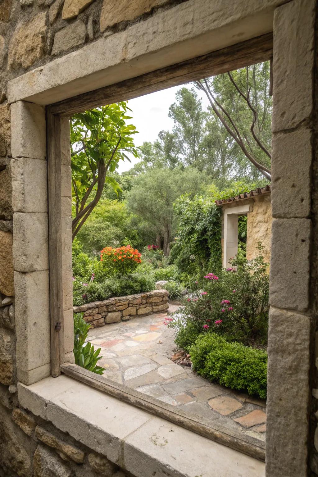 Stone trim adds texture and blends with nature's beauty.