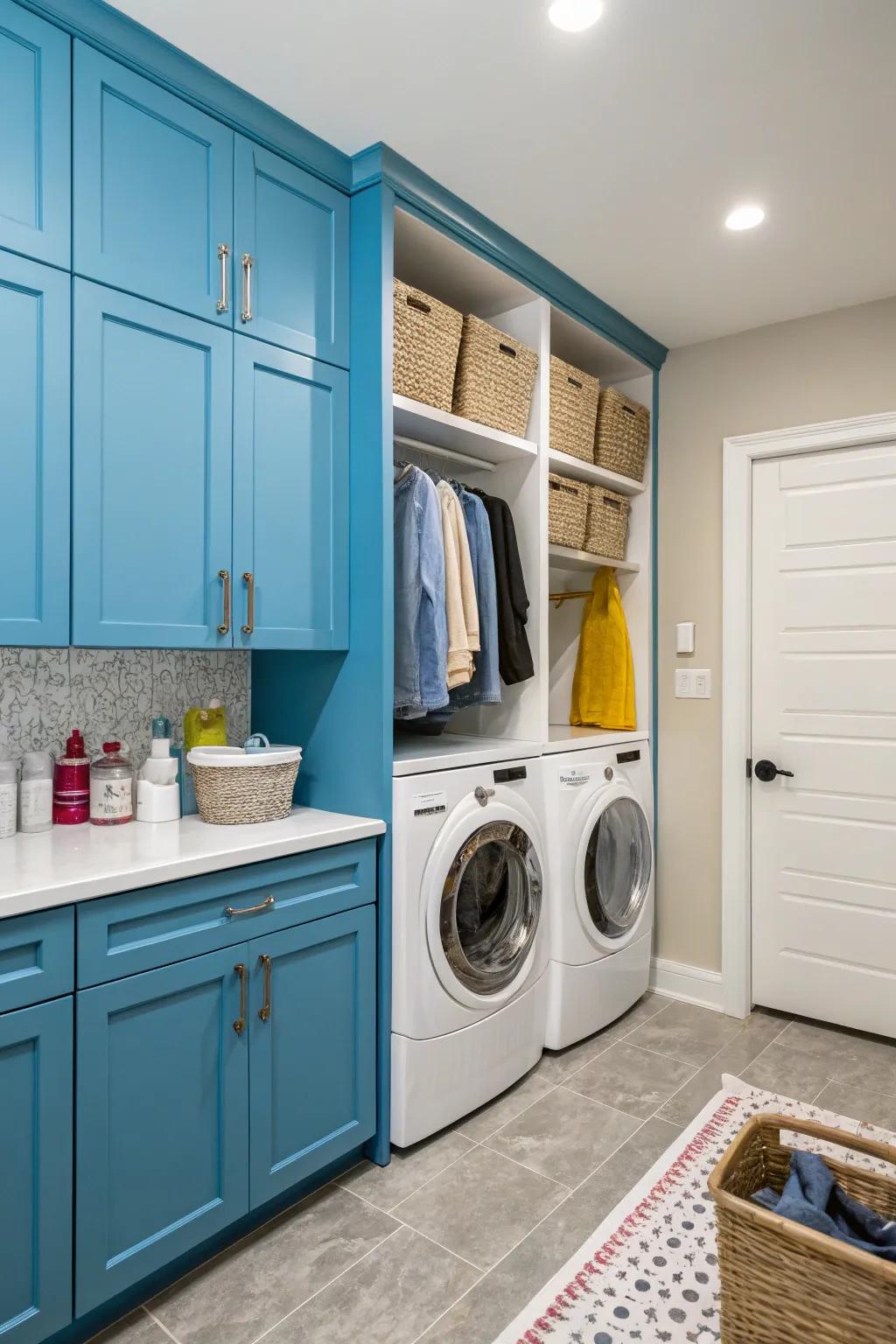 Colorful cabinets bring energy and style to your laundry area.