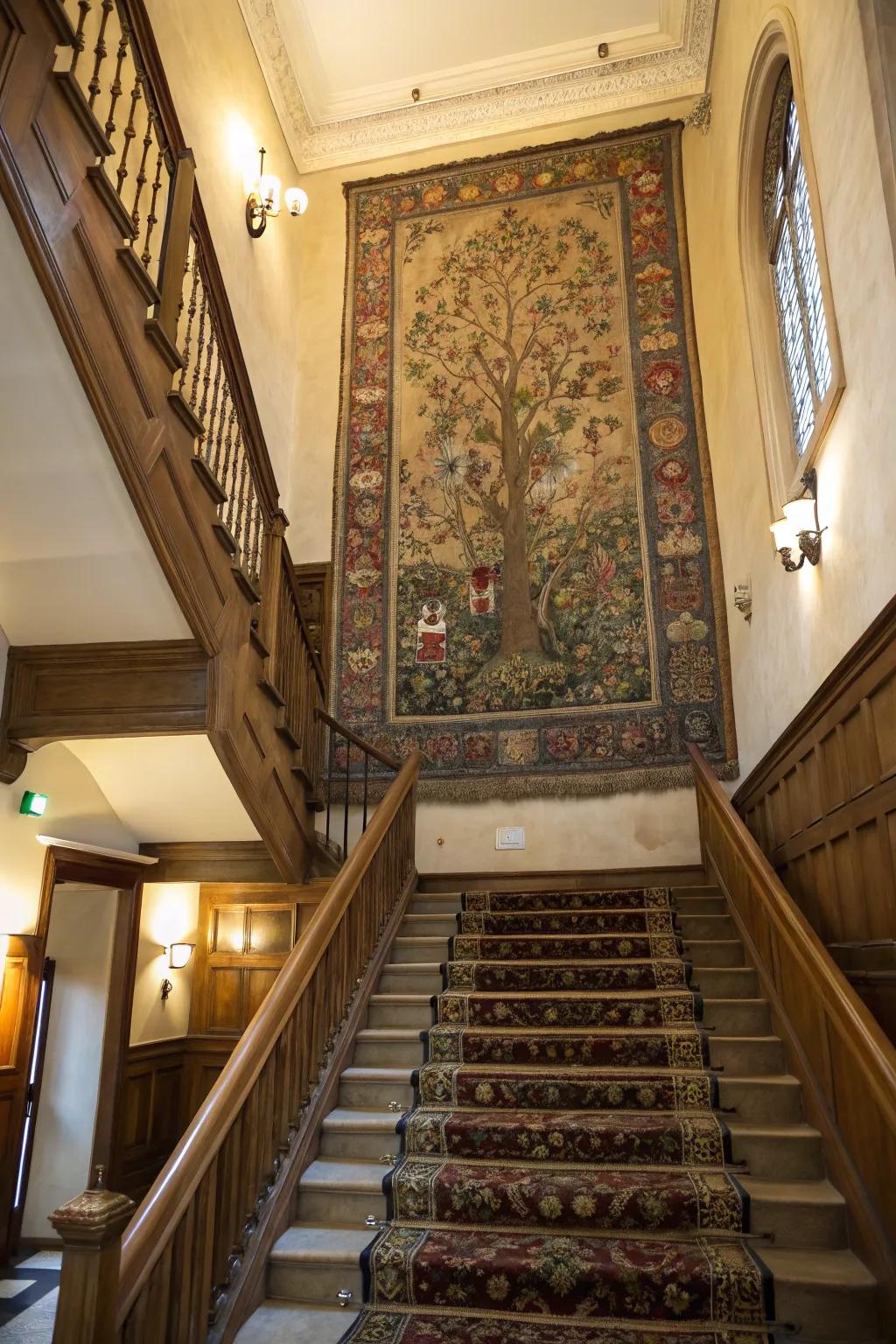 Include warmth and texture with a tapestry on your staircase wall.