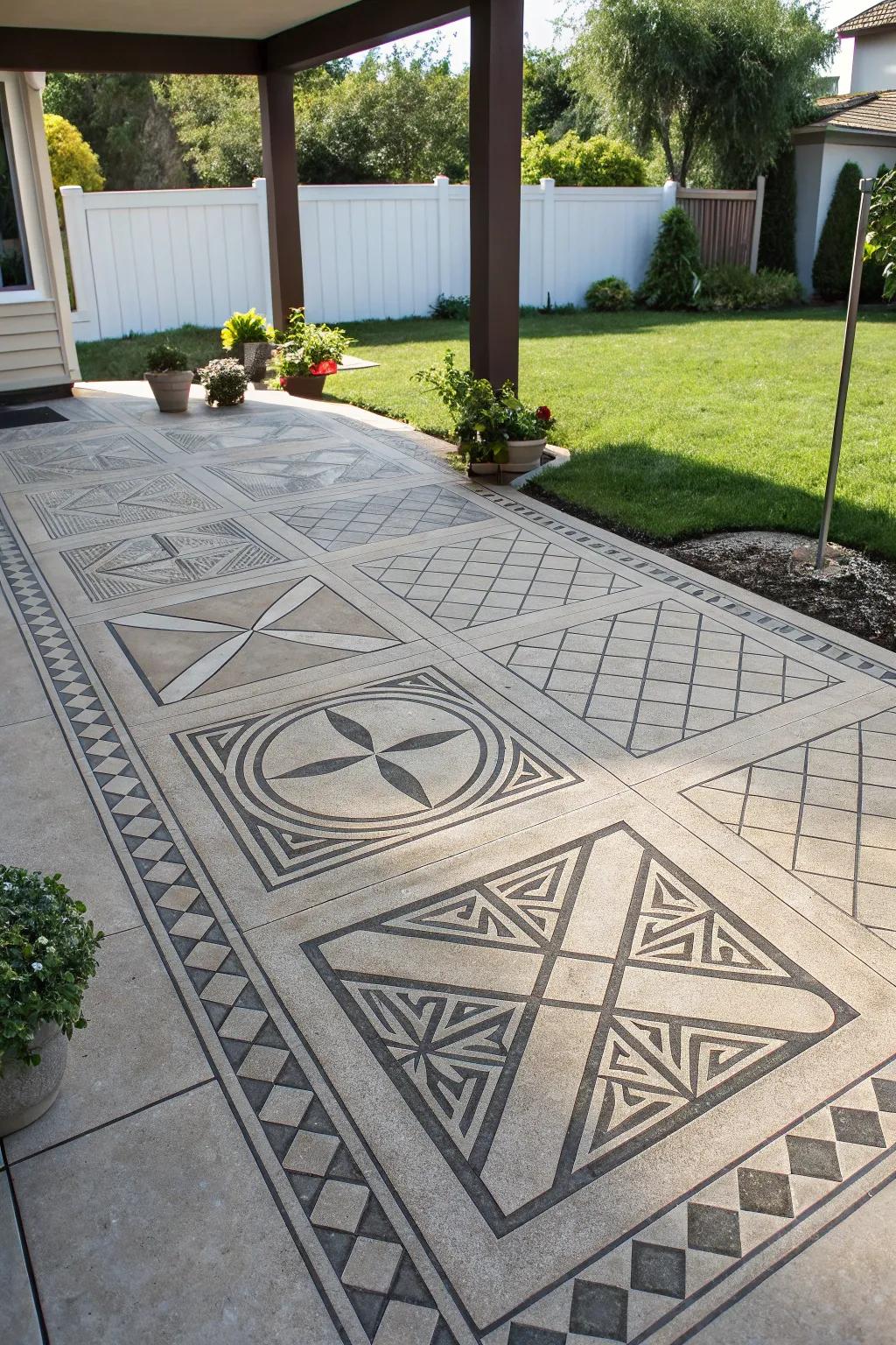 A stamped concrete patio with striking geometric designs.