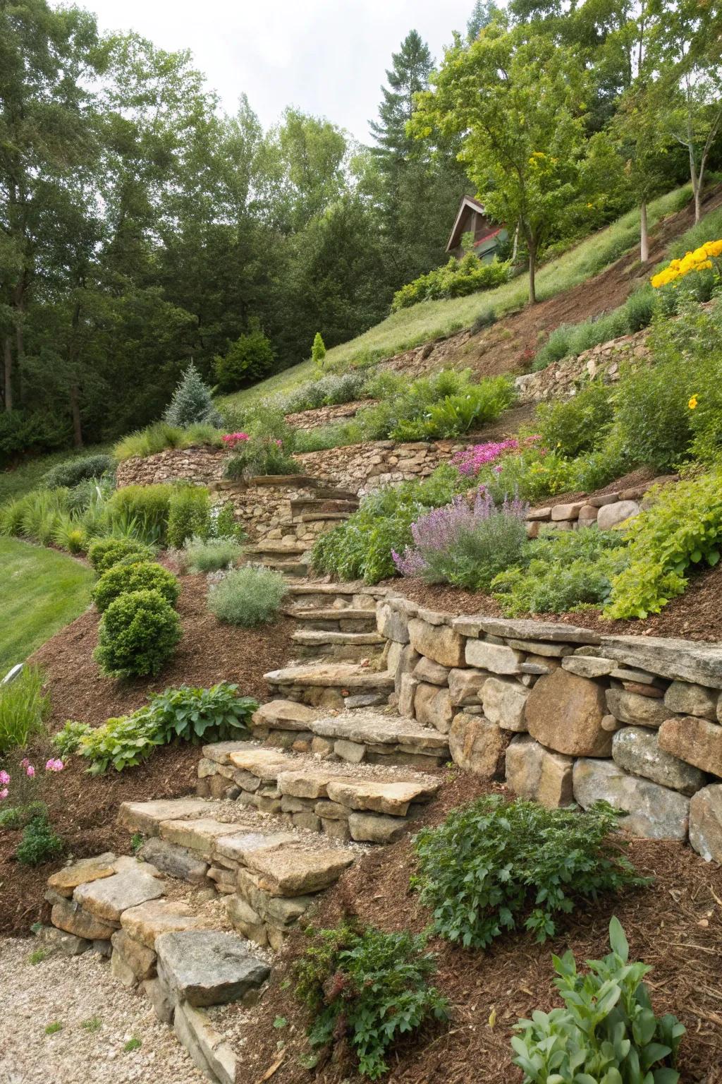 Revamp hilly areas with terraced stone and mulch designs.