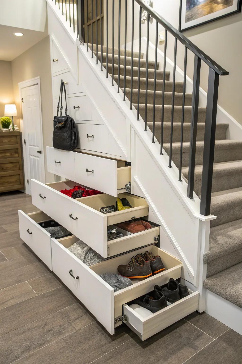 The staircase includes pull-out drawers.