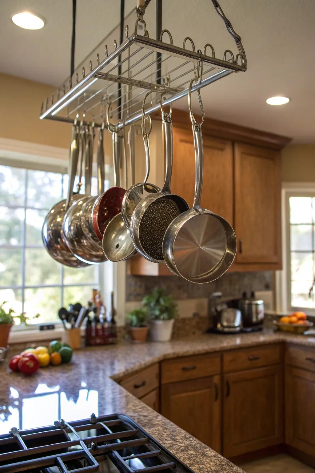 Add rustic charm and efficiency by using a pot rack that hangs.
