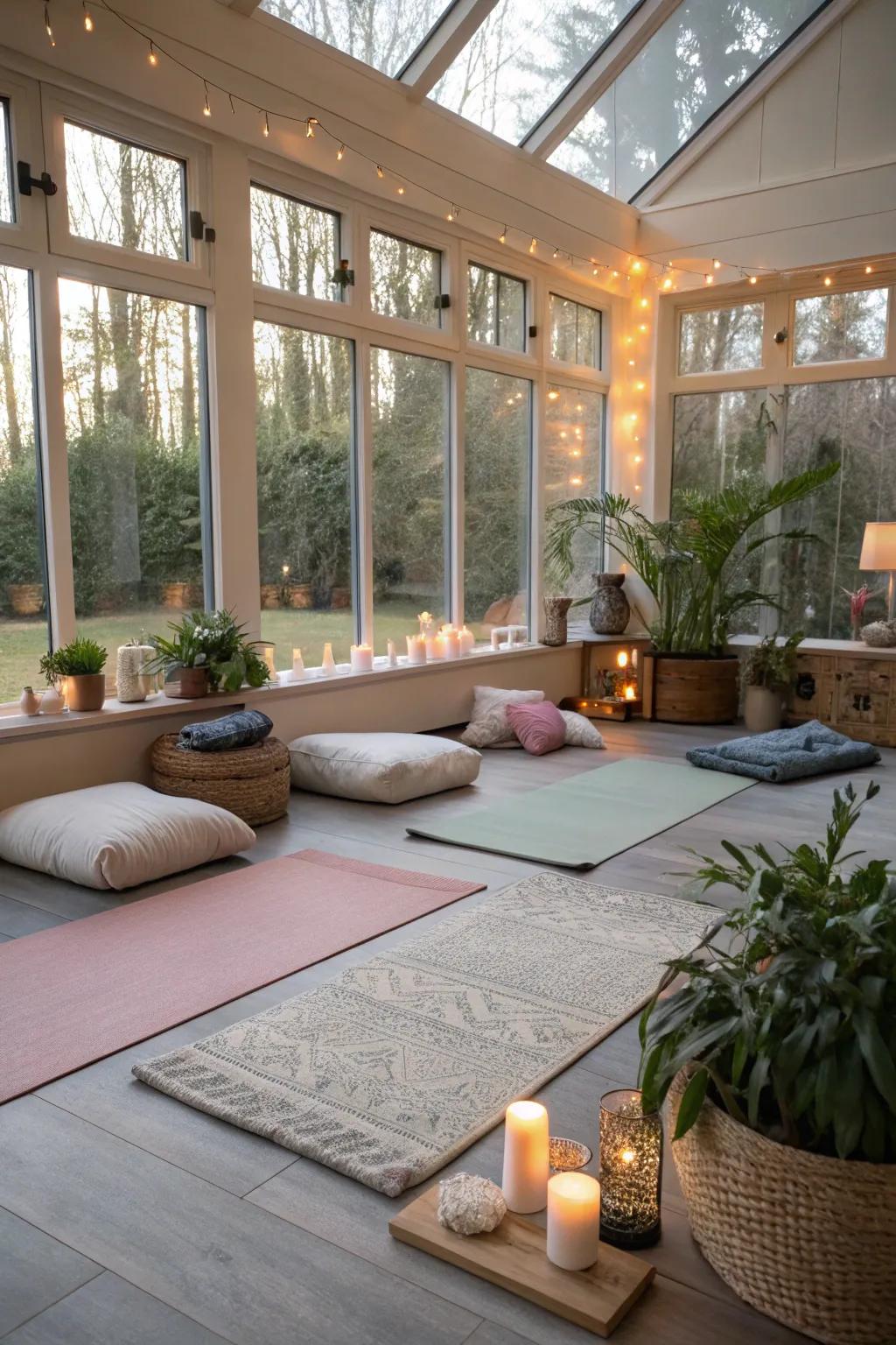 A serene sunroom dedicated to yoga and meditation.