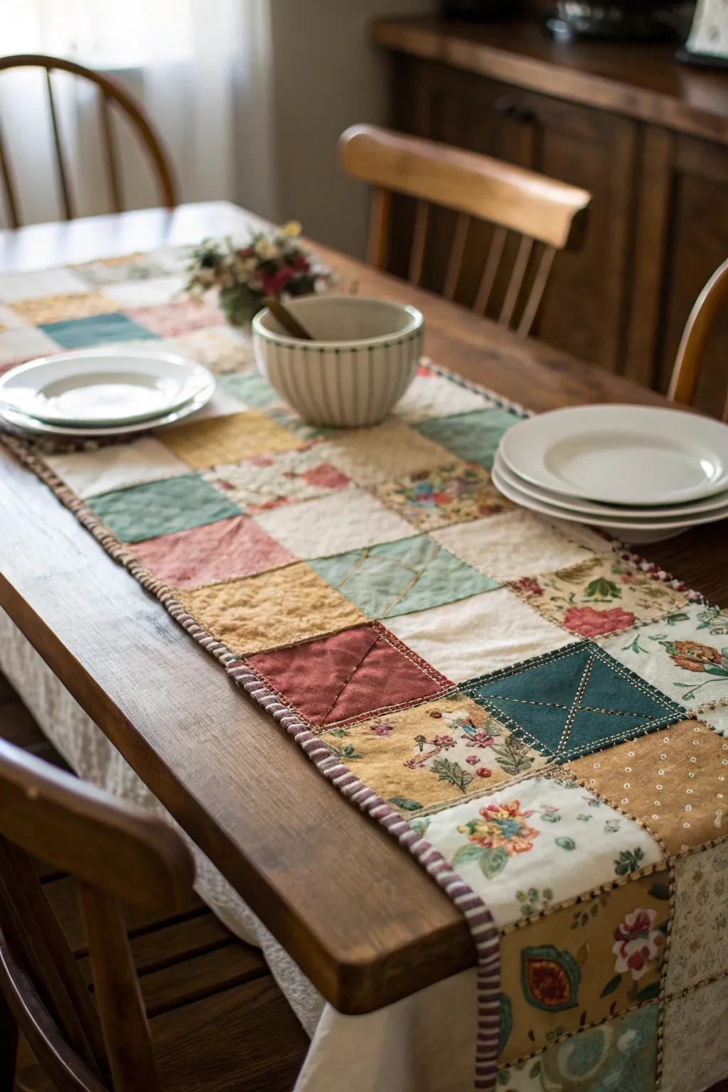 A patchwork table runner for a nostalgic and charming dining experience.